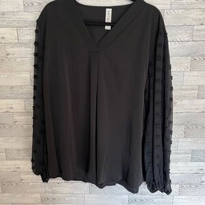 BMJL Women’s Size XXXL Black Top‎ Sheer Long Sleeves w/ Swiss Dot Design V-Neck